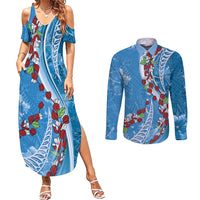 Fiji Tagimaucia Floral Couples Matching Summer Maxi Dress and Long Sleeve Button Shirt Tapa Pattern LT01 Blue - Polynesian Pride