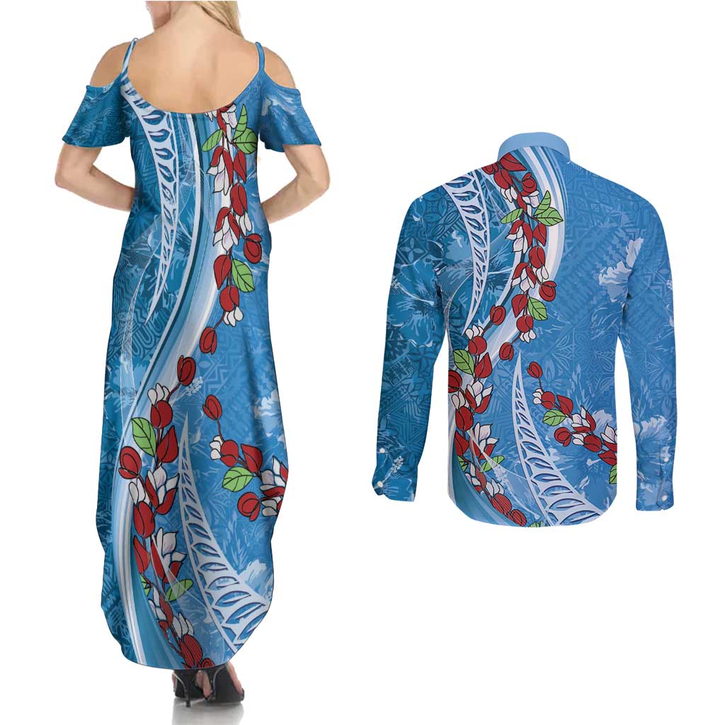 Fiji Tagimaucia Floral Couples Matching Summer Maxi Dress and Long Sleeve Button Shirt Tapa Pattern LT01 - Polynesian Pride