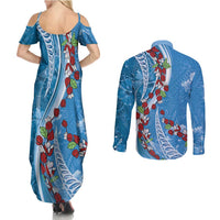 Fiji Tagimaucia Floral Couples Matching Summer Maxi Dress and Long Sleeve Button Shirt Tapa Pattern LT01 - Polynesian Pride