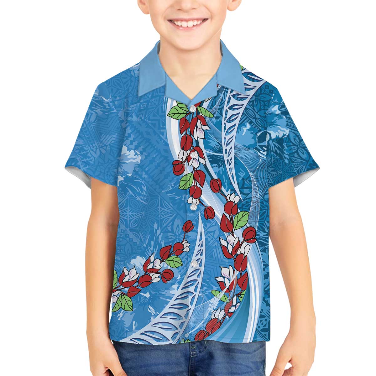 Fiji Tagimaucia Floral Family Matching Off The Shoulder Long Sleeve Dress and Hawaiian Shirt Tapa Pattern
