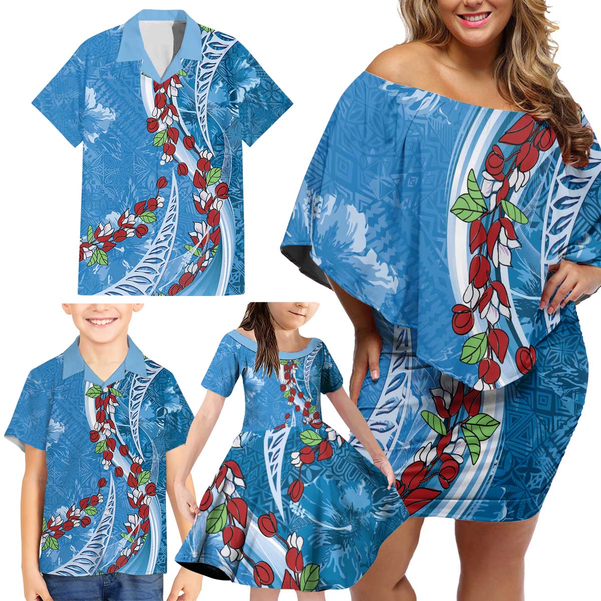 Fiji Tagimaucia Floral Family Matching Off Shoulder Short Dress and Hawaiian Shirt Tapa Pattern