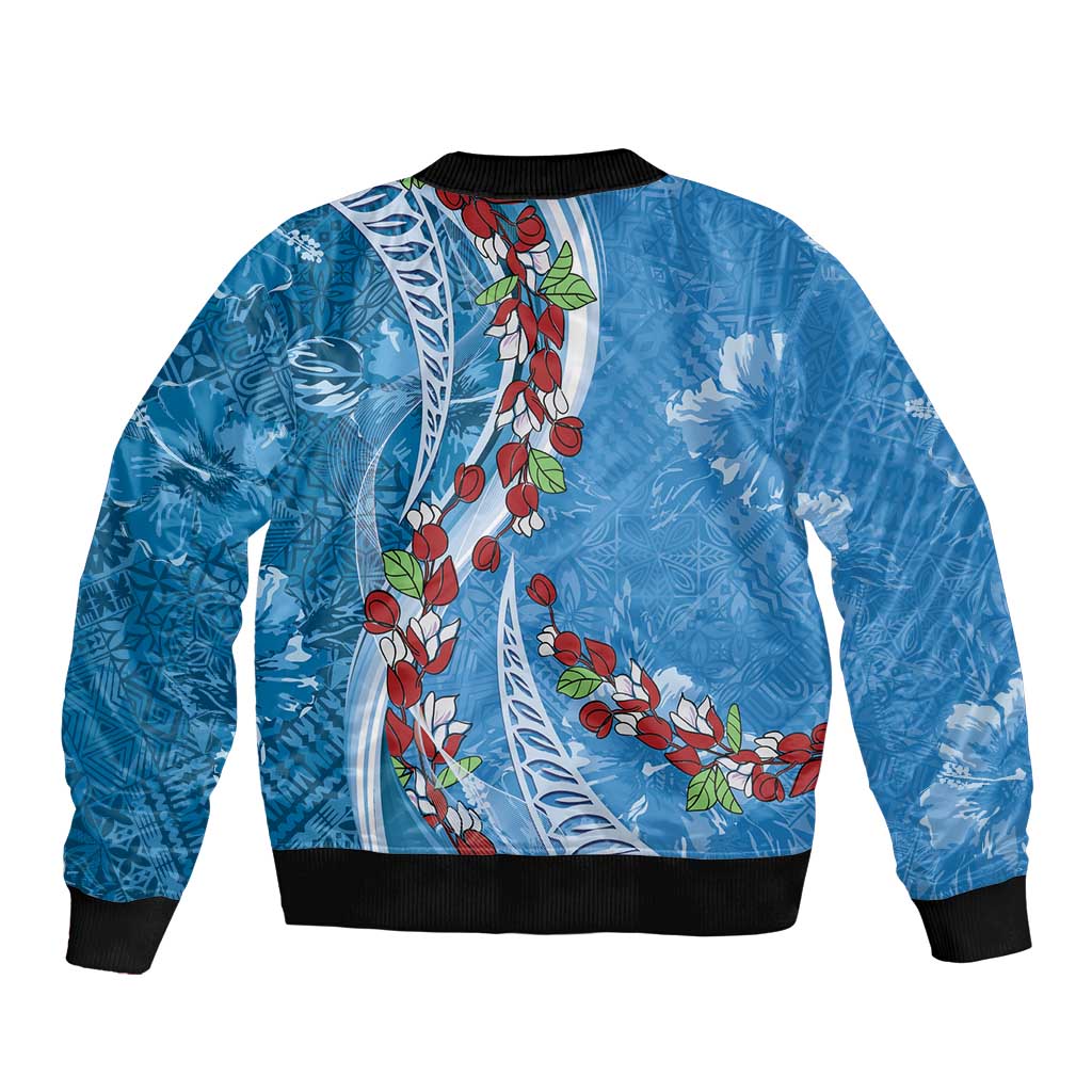 Fiji Tagimaucia Floral Sleeve Zip Bomber Jacket Tapa Pattern