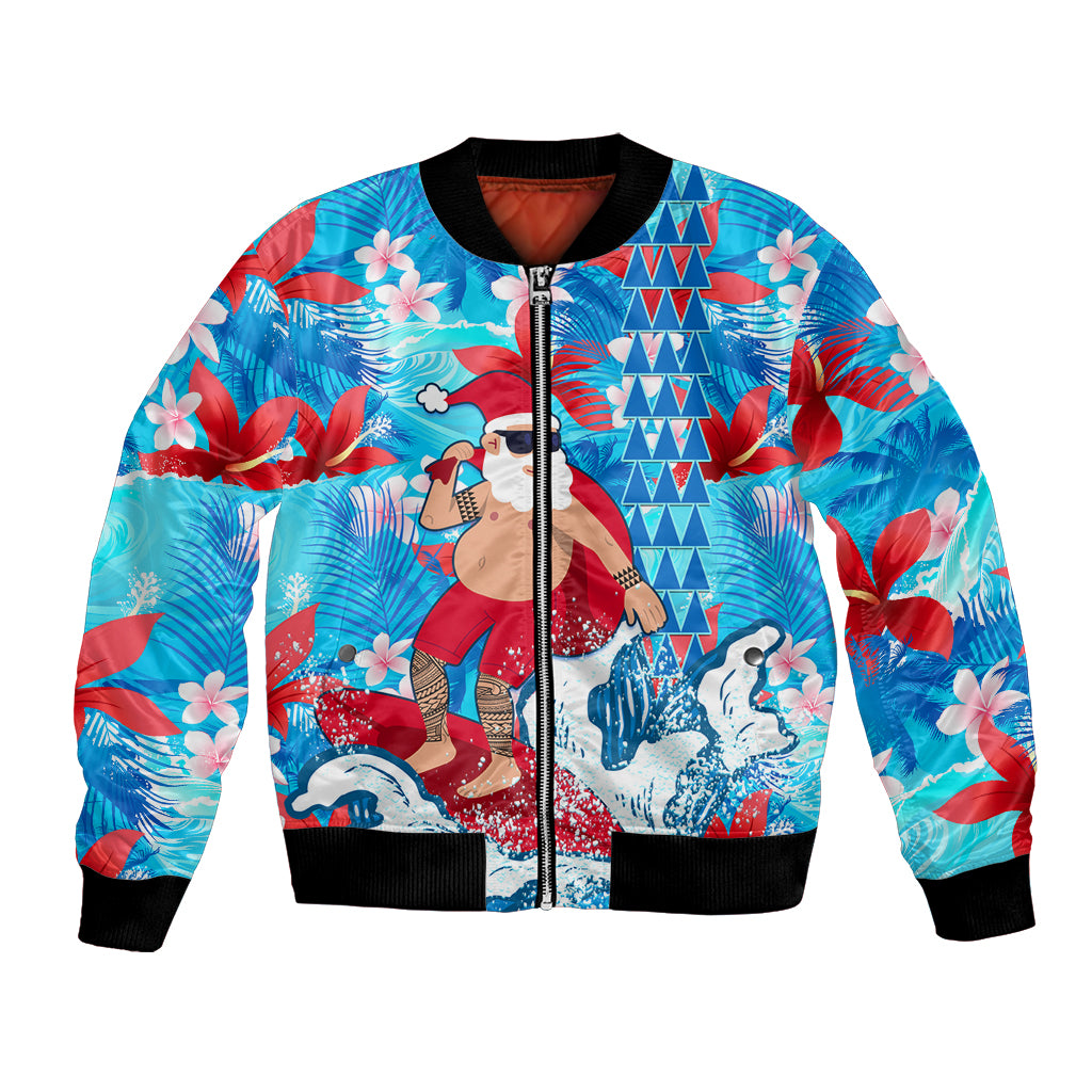 Hawaii Christmas Bomber Jacket Santa Claus Surfing Kakau Tropical Style LT01 Unisex Blue - Polynesian Pride