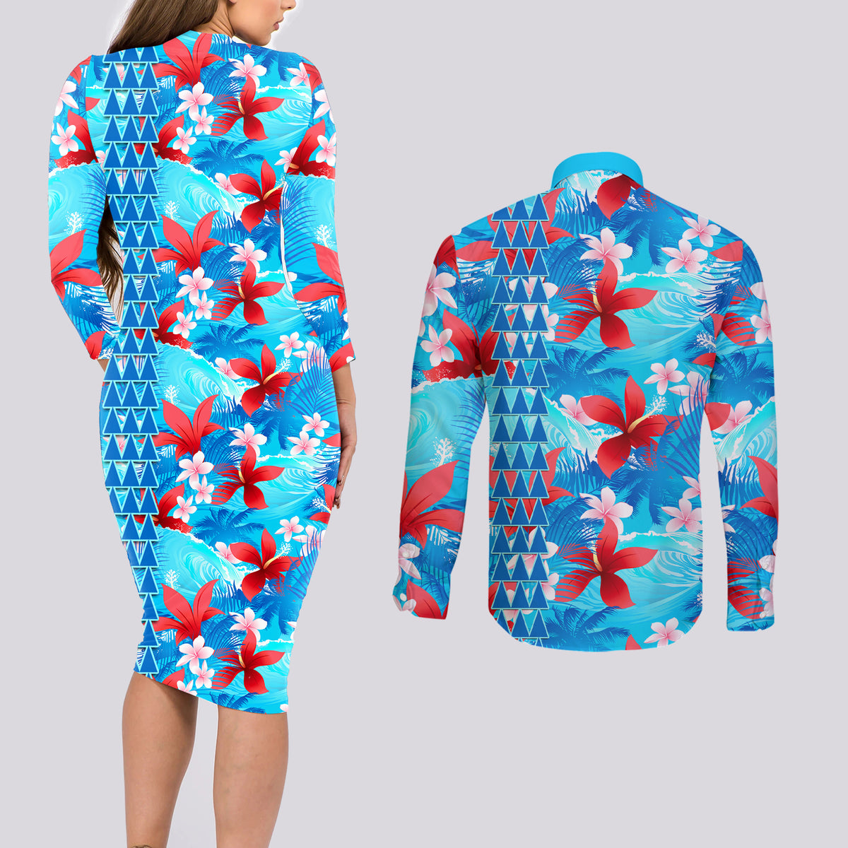 Hawaii Christmas Couples Matching Long Sleeve Bodycon Dress and Long Sleeve Button Shirt Santa Claus Surfing Kakau Tropical Style LT01 - Polynesian Pride