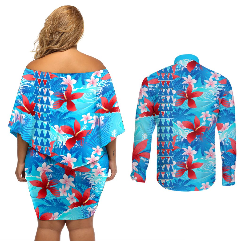 Hawaii Christmas Couples Matching Off Shoulder Short Dress and Long Sleeve Button Shirt Santa Claus Surfing Kakau Tropical Style LT01 - Polynesian Pride
