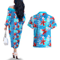 Hawaii Christmas Couples Matching Off The Shoulder Long Sleeve Dress and Hawaiian Shirt Santa Claus Surfing Kakau Tropical Style LT01 - Polynesian Pride