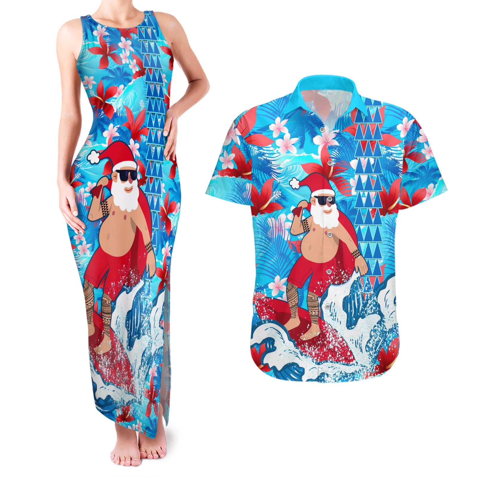 Hawaii Christmas Couples Matching Tank Maxi Dress and Hawaiian Shirt Santa Claus Surfing Kakau Tropical Style LT01 Blue - Polynesian Pride