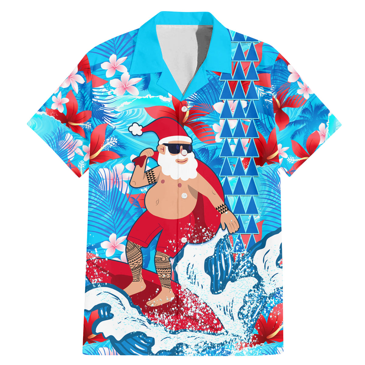 Hawaii Christmas Family Matching Mermaid Dress and Hawaiian Shirt Santa Claus Surfing Kakau Tropical Style LT01 Dad's Shirt - Short Sleeve Blue - Polynesian Pride