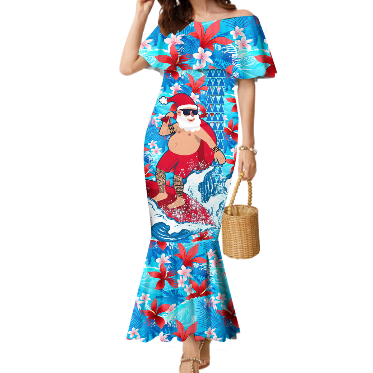 Hawaii Christmas Family Matching Mermaid Dress and Hawaiian Shirt Santa Claus Surfing Kakau Tropical Style LT01 Mom's Dress Blue - Polynesian Pride