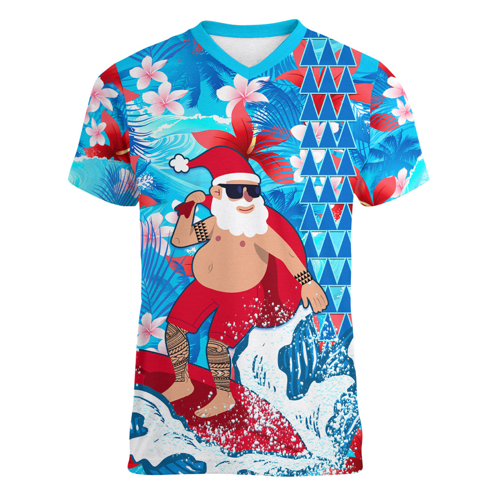 Hawaii Christmas Women V Neck T Shirt Santa Claus Surfing Kakau Tropical Style LT01 Female Blue - Polynesian Pride