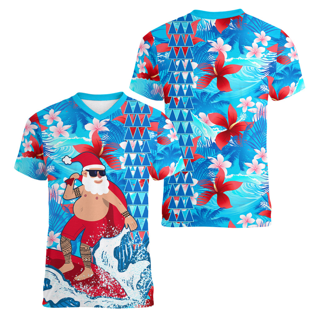 Hawaii Christmas Women V Neck T Shirt Santa Claus Surfing Kakau Tropical Style LT01 - Polynesian Pride