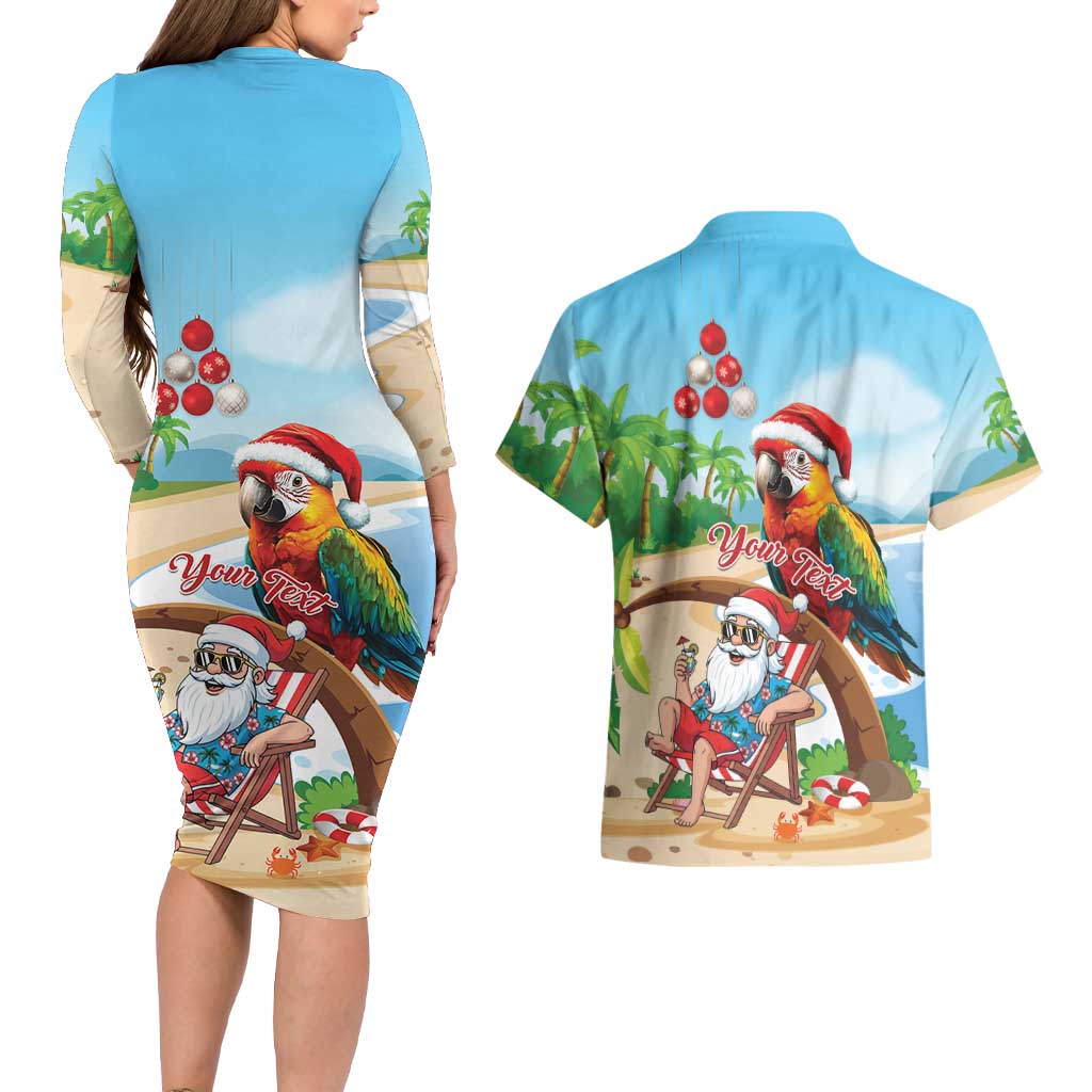 Personalized Hawaii Santa Parrot Christmas Couples Matching Long Sleeve Bodycon Dress and Hawaiian Shirt Summer Vibe - Polynesian Pride