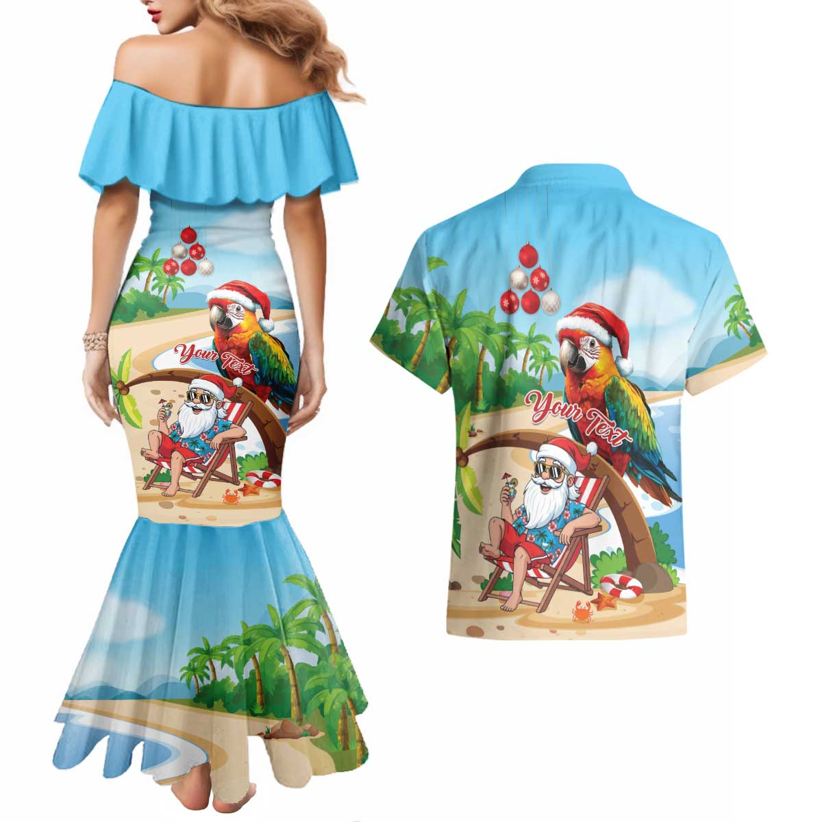 Personalized Hawaii Santa Parrot Christmas Couples Matching Mermaid Dress and Hawaiian Shirt Summer Vibe - Polynesian Pride