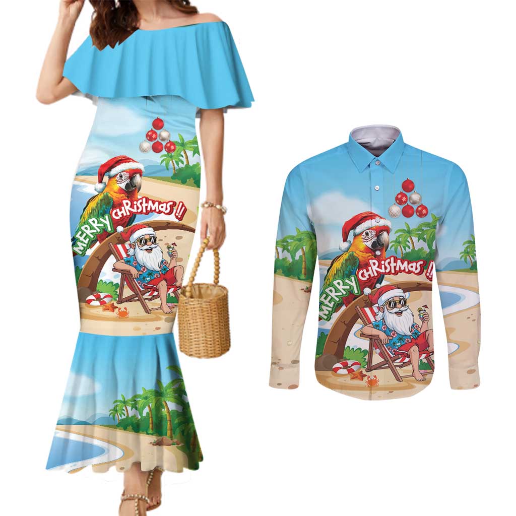 Personalized Hawaii Santa Parrot Christmas Couples Matching Mermaid Dress and Long Sleeve Button Shirt Summer Vibe LT01 Blue - Polynesian Pride