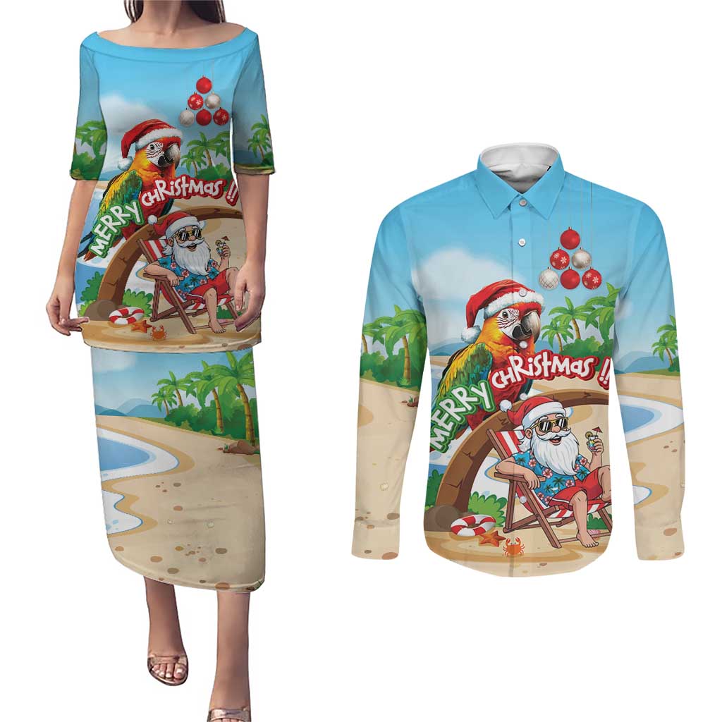 Personalized Hawaii Santa Parrot Christmas Couples Matching Puletasi and Long Sleeve Button Shirt Summer Vibe - Polynesian Pride