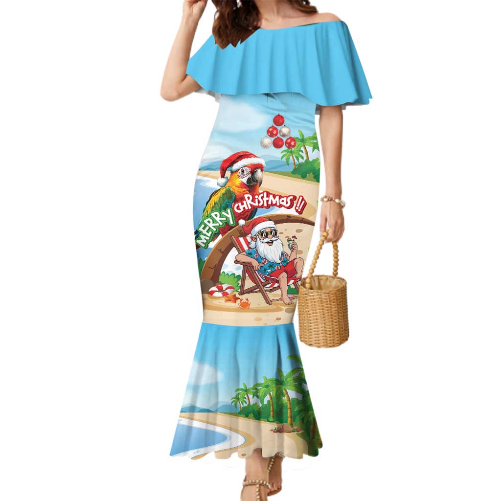 Personalized Hawaii Santa Parrot Christmas Family Matching Mermaid Dress and Hawaiian Shirt Summer Vibe LT01 Mom's Dress Blue - Polynesian Pride