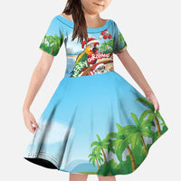 Personalized Hawaii Santa Parrot Christmas Family Matching Off The Shoulder Long Sleeve Dress and Hawaiian Shirt Summer Vibe LT01 Daughter's Dress Blue - Polynesian Pride