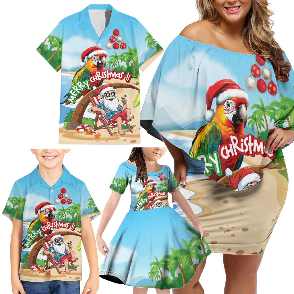 Personalized Hawaii Santa Parrot Christmas Family Matching Off Shoulder Short Dress and Hawaiian Shirt Summer Vibe - Polynesian Pride