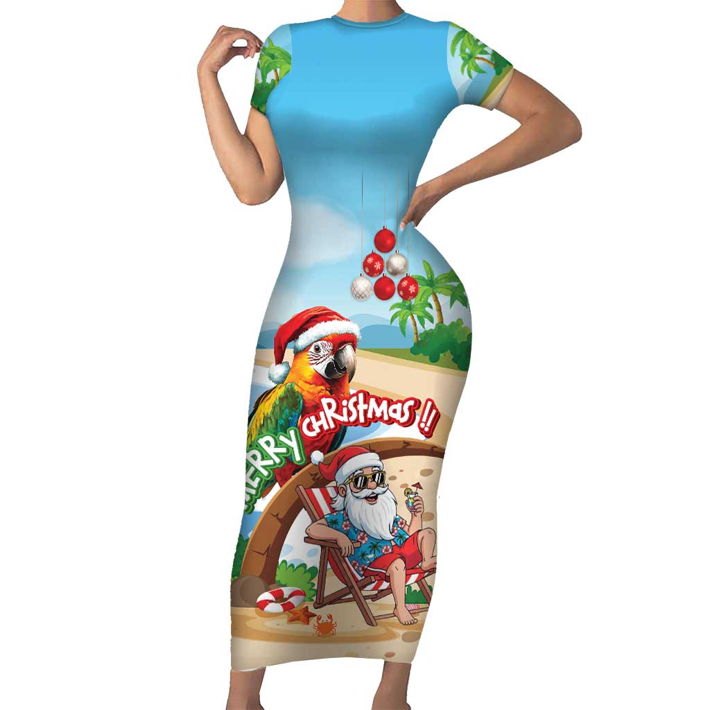 Personalized Hawaii Santa Parrot Christmas Short Sleeve Bodycon Dress Summer Vibe - Polynesian Pride