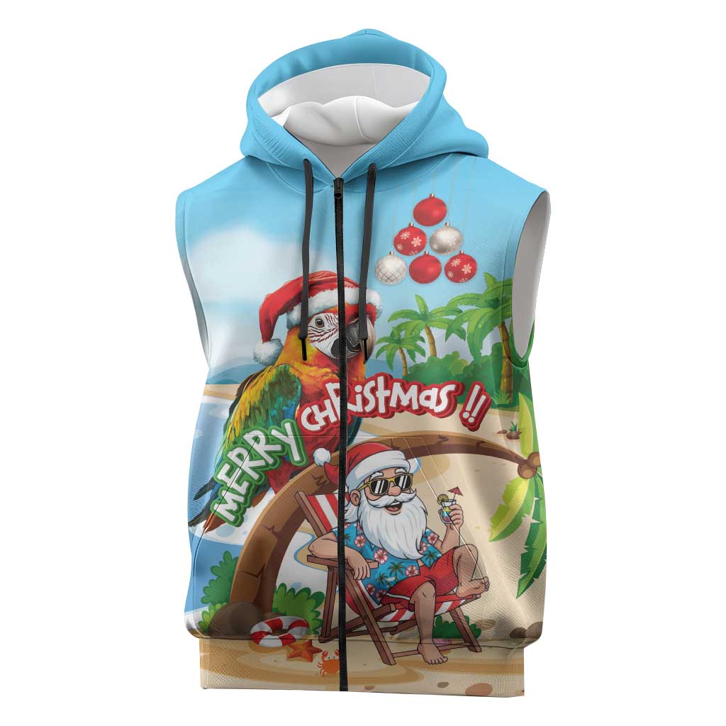 Personalized Hawaii Santa Parrot Christmas Sleeveless Zip Hoodie Summer Vibe LT01 Blue - Polynesian Pride