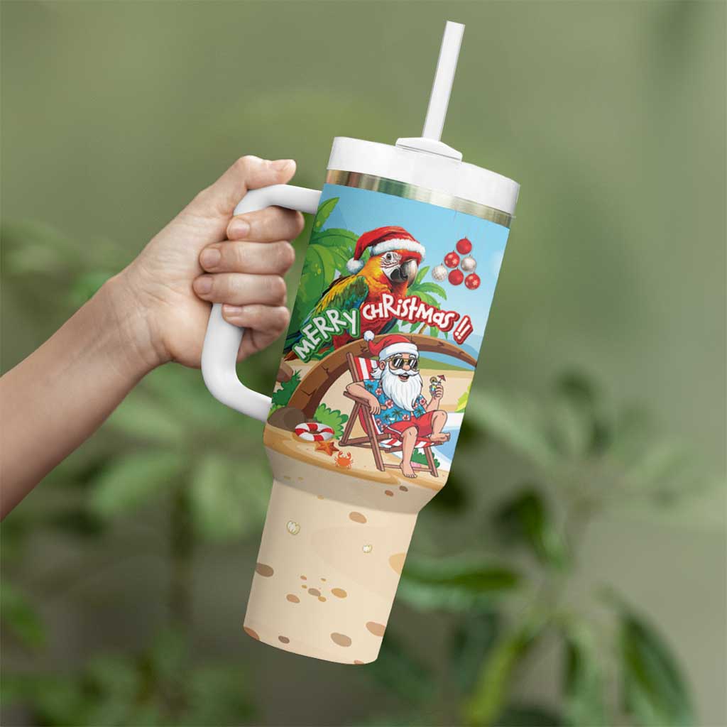 Personalized Hawaii Santa Parrot Christmas Tumbler With Handle Summer Vibe - Polynesian Pride