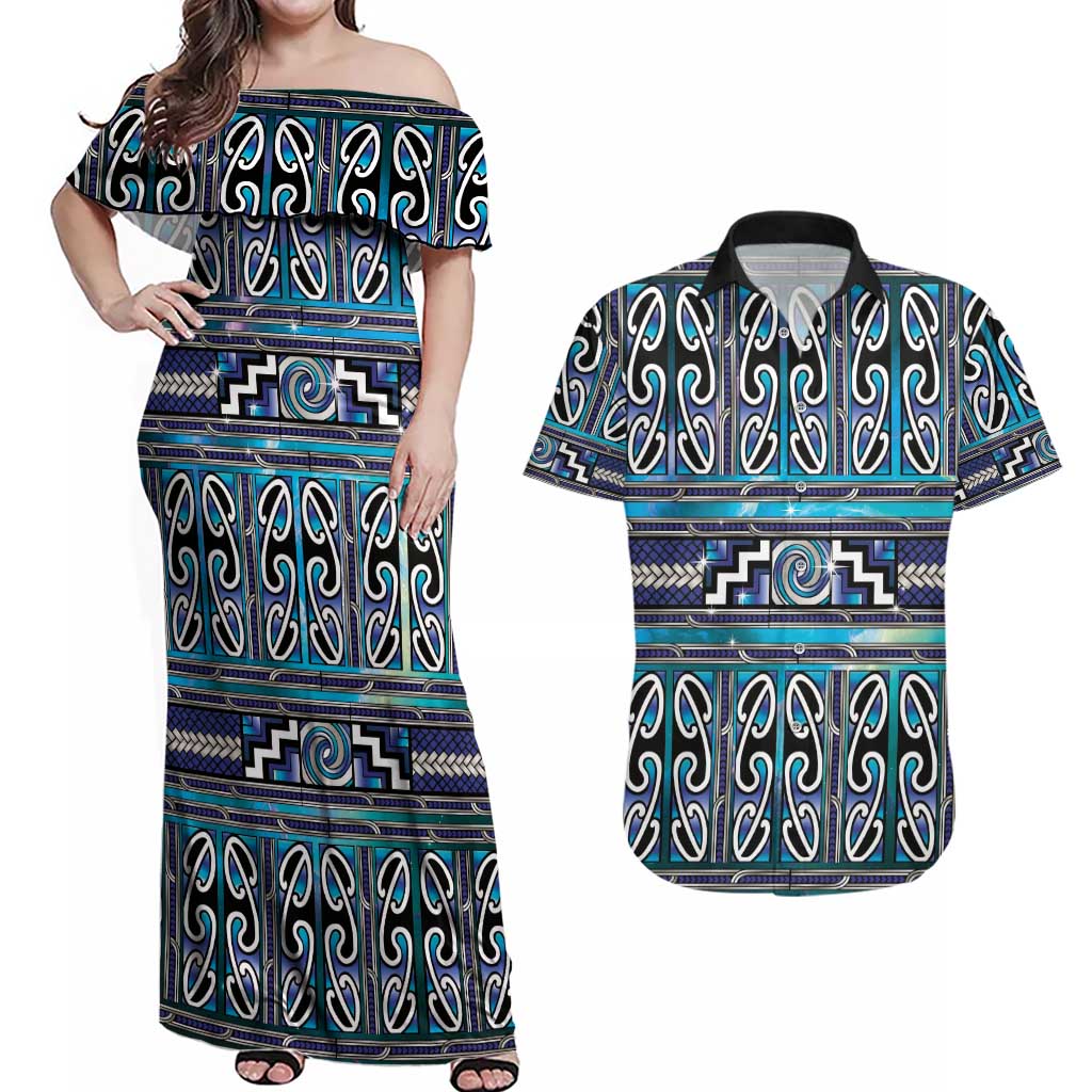 Maori Matariki Couples Matching Off Shoulder Maxi Dress and Hawaiian Shirt Blue Galaxy Aesthetic Koru Art