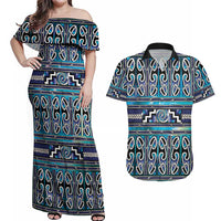Maori Matariki Couples Matching Off Shoulder Maxi Dress and Hawaiian Shirt Blue Galaxy Aesthetic Koru Art