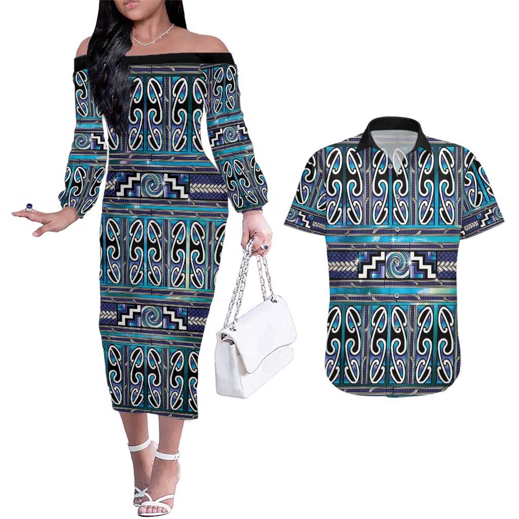 Maori Matariki Couples Matching Off The Shoulder Long Sleeve Dress and Hawaiian Shirt Blue Galaxy Aesthetic Koru Art