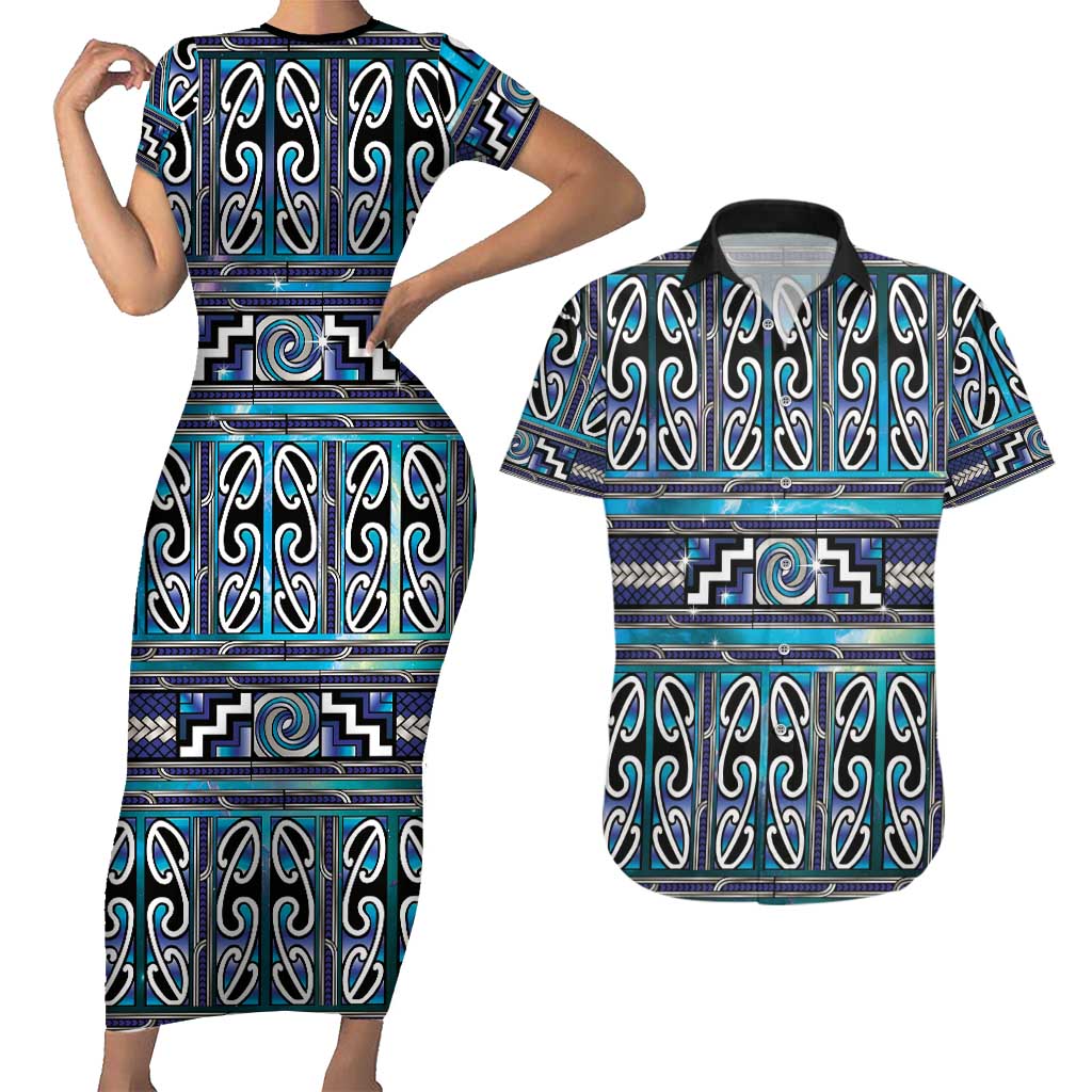Maori Matariki Couples Matching Short Sleeve Bodycon Dress and Hawaiian Shirt Blue Galaxy Aesthetic Koru Art