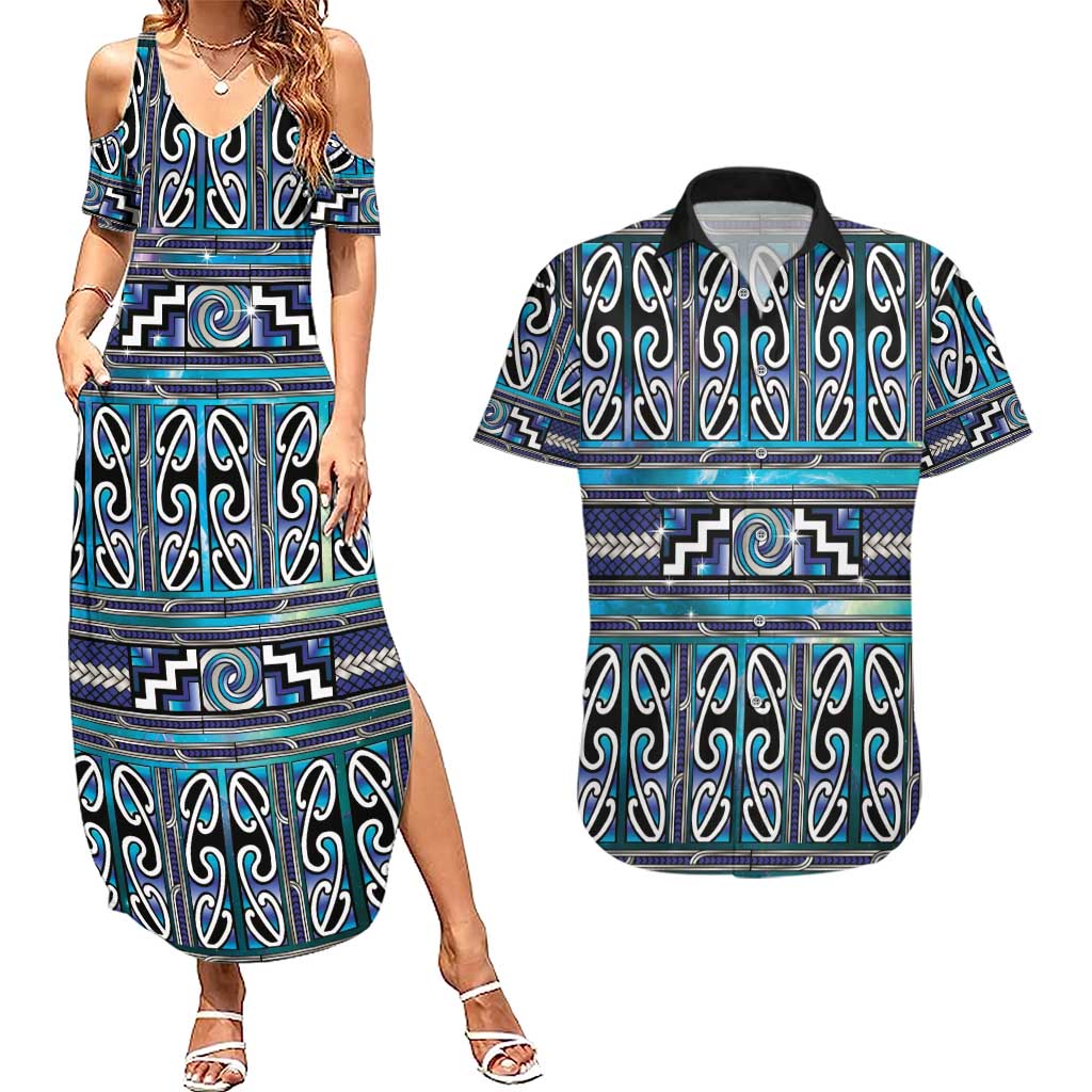 Maori Matariki Couples Matching Summer Maxi Dress and Hawaiian Shirt Blue Galaxy Aesthetic Koru Art