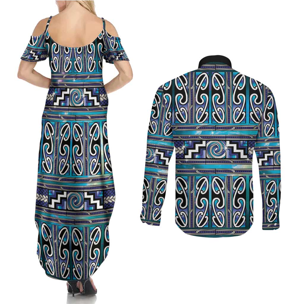 Maori Matariki Couples Matching Summer Maxi Dress and Long Sleeve Button Shirt Blue Galaxy Aesthetic Koru Art