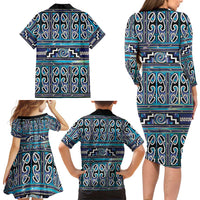 Maori Matariki Family Matching Long Sleeve Bodycon Dress and Hawaiian Shirt Blue Galaxy Aesthetic Koru Art LT01 - Polynesian Pride