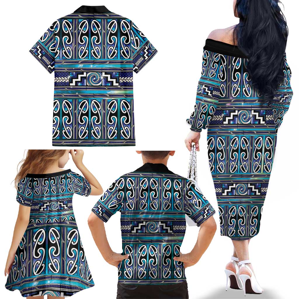 Maori Matariki Family Matching Off The Shoulder Long Sleeve Dress and Hawaiian Shirt Blue Galaxy Aesthetic Koru Art LT01 - Polynesian Pride