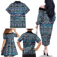 Maori Matariki Family Matching Off The Shoulder Long Sleeve Dress and Hawaiian Shirt Blue Galaxy Aesthetic Koru Art LT01 - Polynesian Pride
