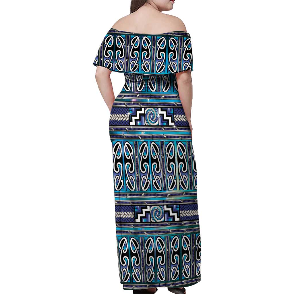 Maori Matariki Family Matching Off Shoulder Maxi Dress and Hawaiian Shirt Blue Galaxy Aesthetic Koru Art LT01 - Polynesian Pride