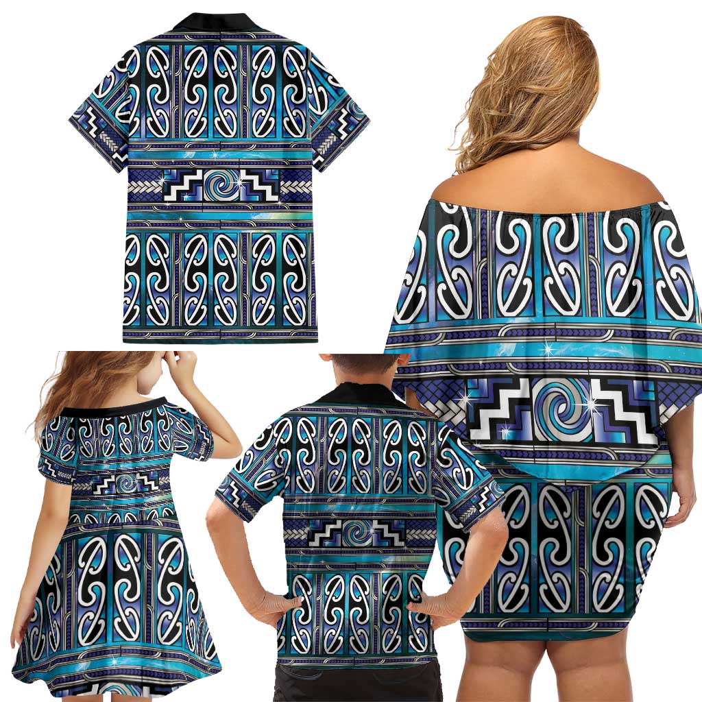 Maori Matariki Family Matching Off Shoulder Short Dress and Hawaiian Shirt Blue Galaxy Aesthetic Koru Art LT01 - Polynesian Pride