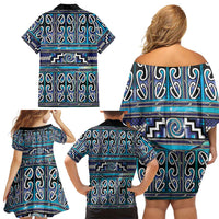 Maori Matariki Family Matching Off Shoulder Short Dress and Hawaiian Shirt Blue Galaxy Aesthetic Koru Art LT01 - Polynesian Pride