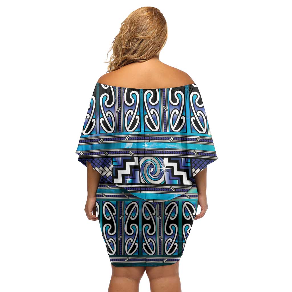 Maori Matariki Family Matching Off Shoulder Short Dress and Hawaiian Shirt Blue Galaxy Aesthetic Koru Art LT01 - Polynesian Pride