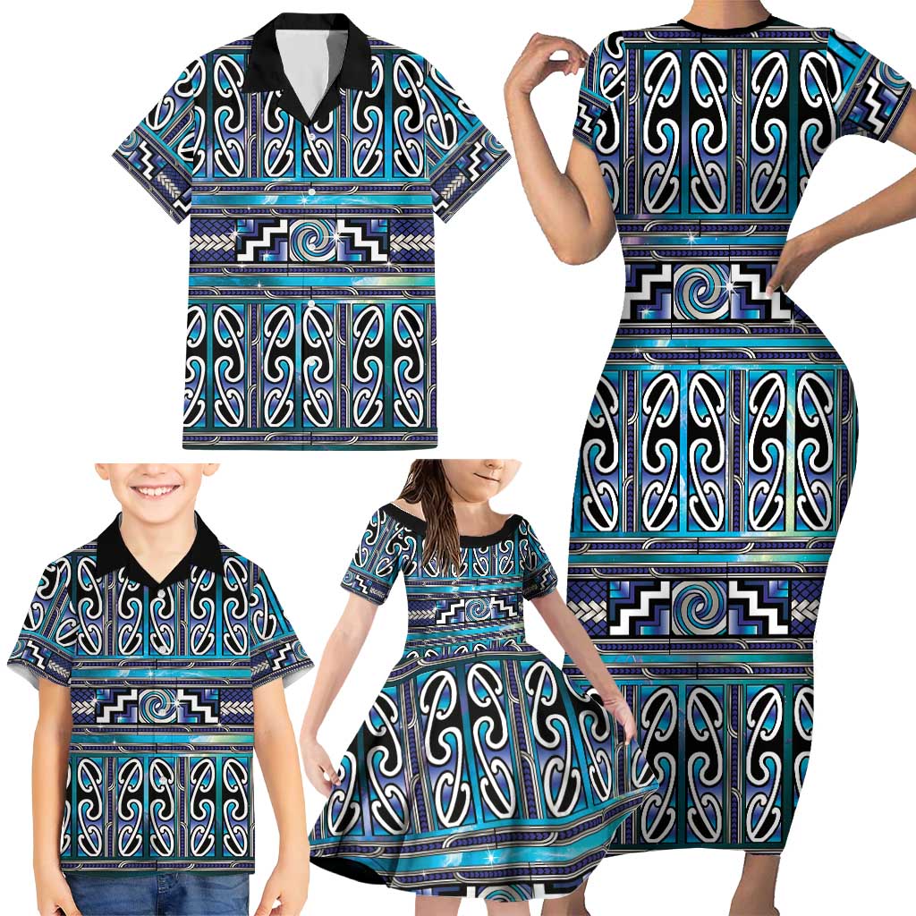 Maori Matariki Family Matching Short Sleeve Bodycon Dress and Hawaiian Shirt Blue Galaxy Aesthetic Koru Art LT01 - Polynesian Pride