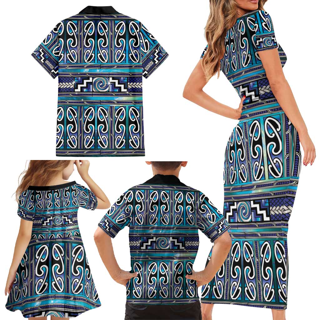 Maori Matariki Family Matching Short Sleeve Bodycon Dress and Hawaiian Shirt Blue Galaxy Aesthetic Koru Art LT01 - Polynesian Pride