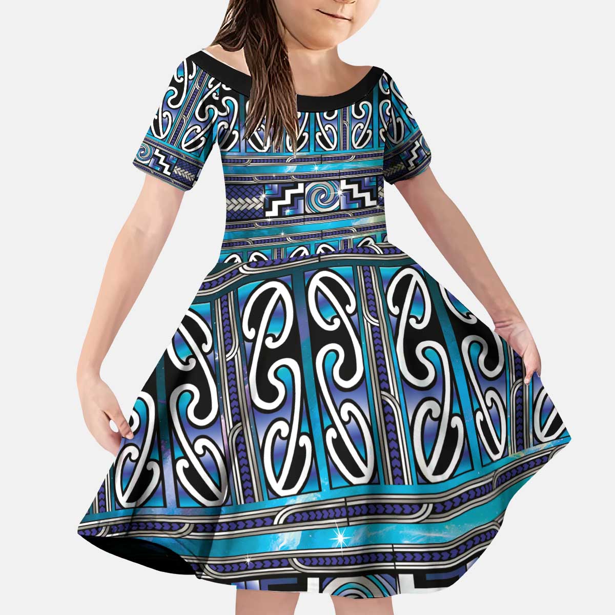 Maori Matariki Kid Short Sleeve Dress Blue Galaxy Aesthetic Koru Art