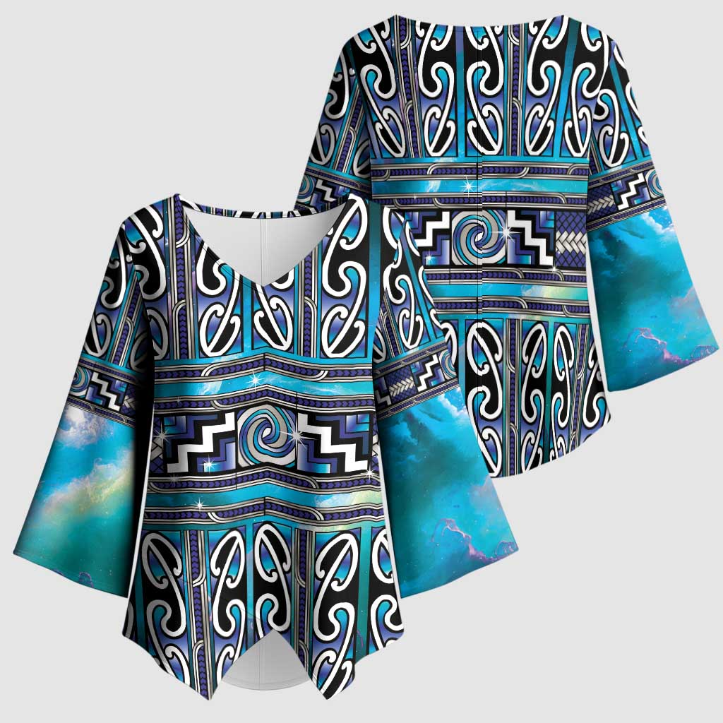 Maori Matariki Kimono Sleeve Blouse Blue Galaxy Aesthetic Koru Art