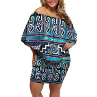 Maori Matariki Off Shoulder Short Dress Blue Galaxy Aesthetic Koru Art