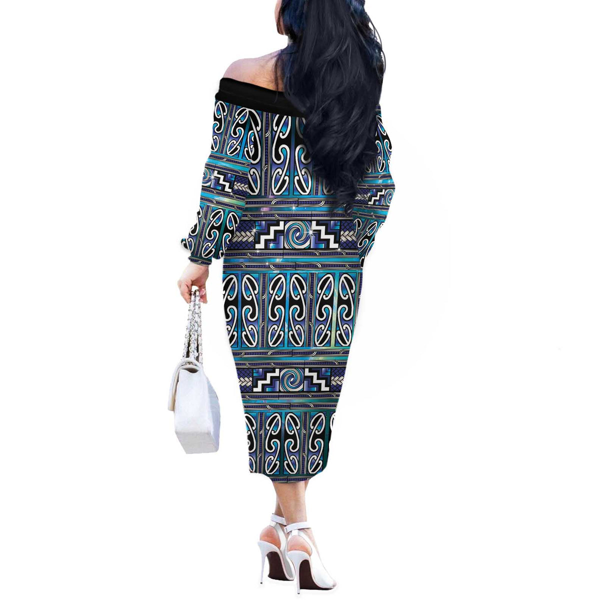 Maori Matariki Off The Shoulder Long Sleeve Dress Blue Galaxy Aesthetic Koru Art