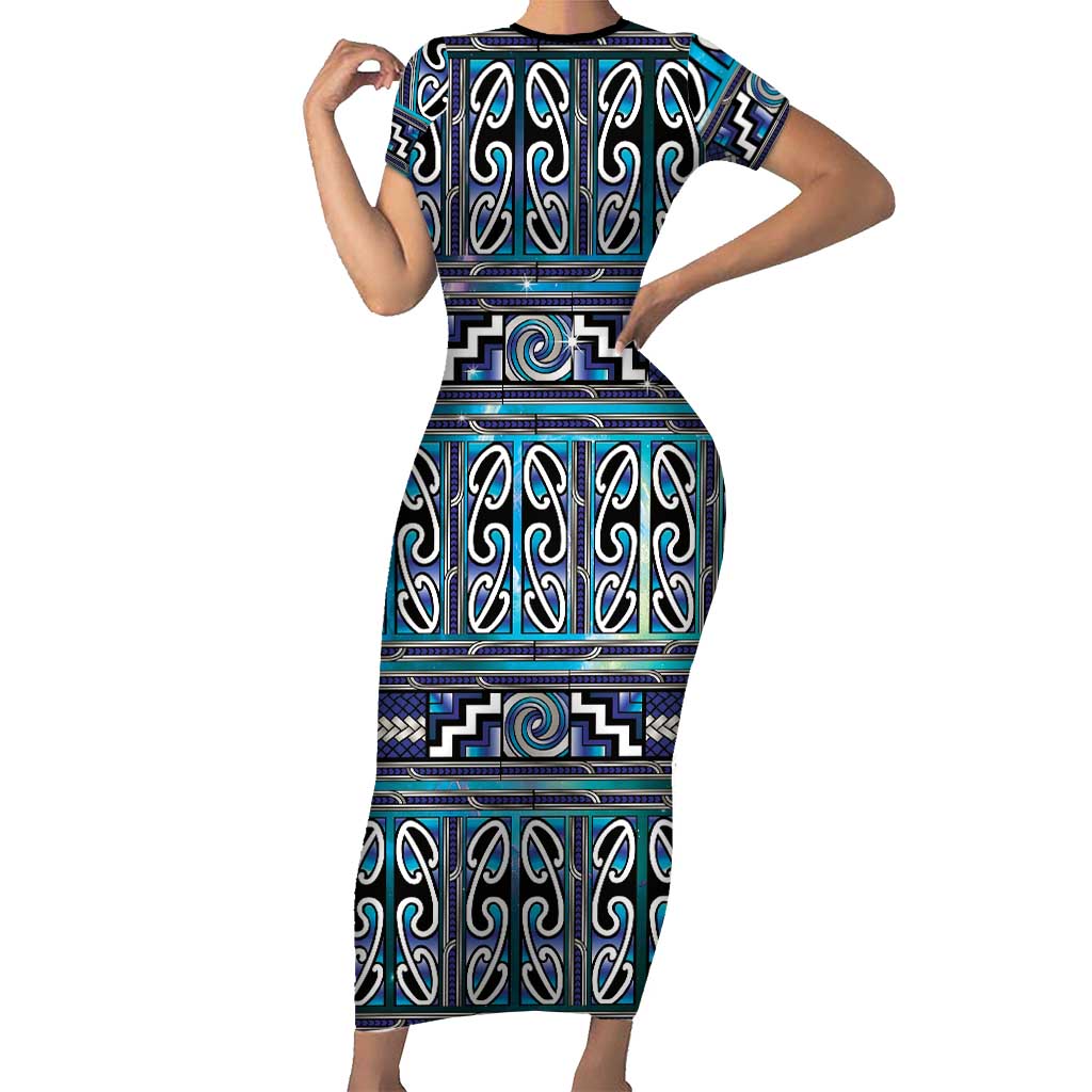 Maori Matariki Short Sleeve Bodycon Dress Blue Galaxy Aesthetic Koru Art