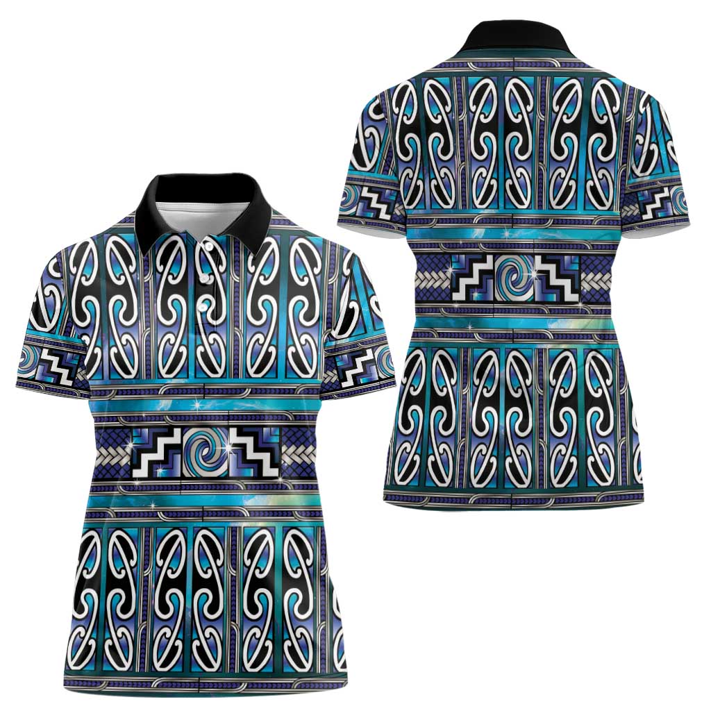Maori Matariki Women Polo Shirt Blue Galaxy Aesthetic Koru Art