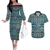Maori Matariki Couples Matching Off The Shoulder Long Sleeve Dress and Hawaiian Shirt Green Galaxy Aesthetic Koru Art
