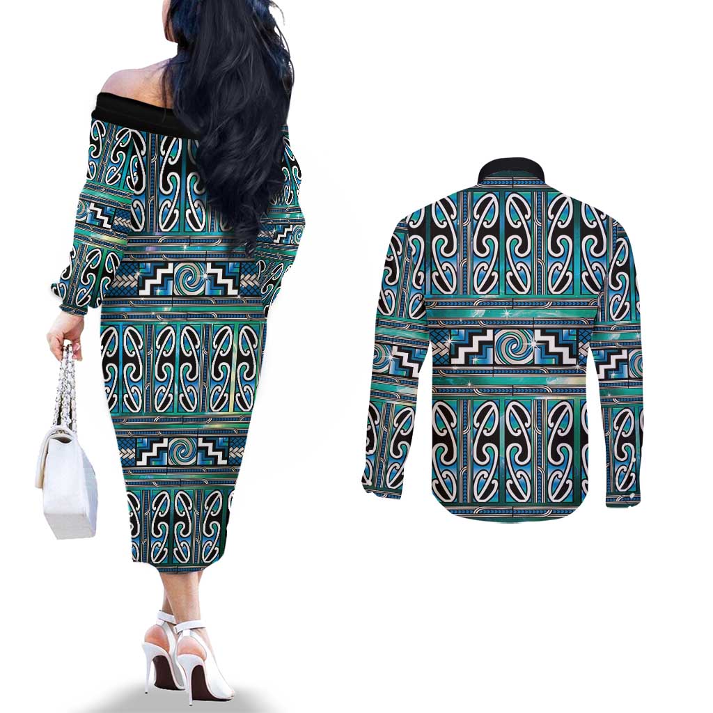 Maori Matariki Couples Matching Off The Shoulder Long Sleeve Dress and Long Sleeve Button Shirt Green Galaxy Aesthetic Koru Art