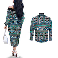 Maori Matariki Couples Matching Off The Shoulder Long Sleeve Dress and Long Sleeve Button Shirt Green Galaxy Aesthetic Koru Art