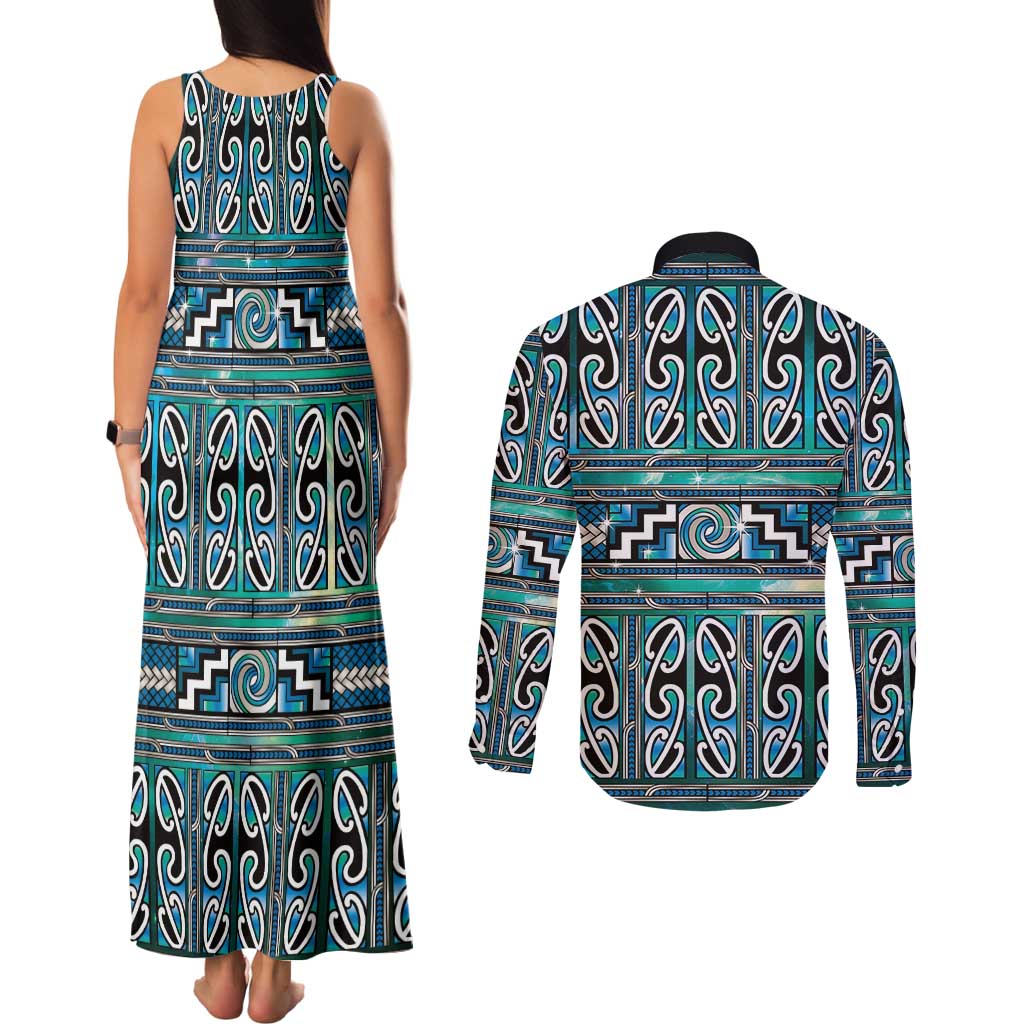 Maori Matariki Couples Matching Tank Maxi Dress and Long Sleeve Button Shirt Green Galaxy Aesthetic Koru Art